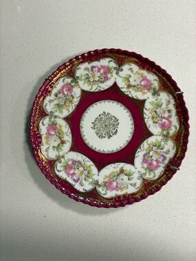 Decorative Floral Porcelain Plate in Deep Pink and Gold